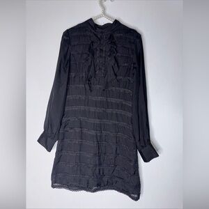Jenny Han Silk Dress S Black Half Button Ruffle Front ShirtDress Lined‎ Side Zip